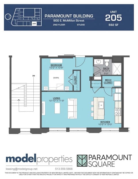 Floor plan for studio, 1 bath, 592 sqft